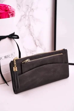 New Boto Duży Portfel Damski Z Dodatkową Portmonetką I Frędzlami Szary