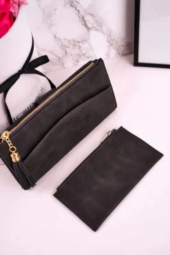 New Boto Duży Portfel Damski Z Dodatkową Portmonetką I Frędzlami Szary