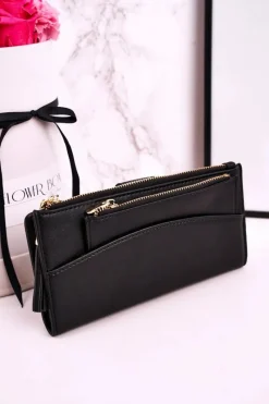 Outlet Duży Portfel Damski Z Dodatkową Portmonetką I Frędzlami Czarny Portfele