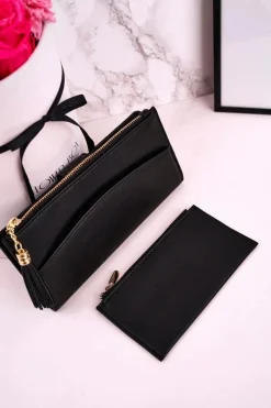 Outlet Duży Portfel Damski Z Dodatkową Portmonetką I Frędzlami Czarny Portfele