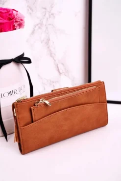 Outlet Duży Portfel Damski Z Dodatkową Portmonetką I Frędzlami Brązowy Portfele