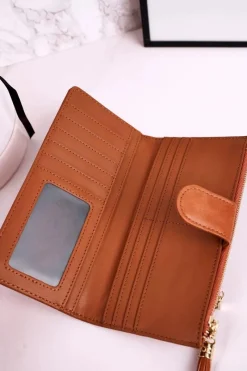 Outlet Duży Portfel Damski Z Dodatkową Portmonetką I Frędzlami Brązowy Portfele