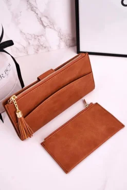 Outlet Duży Portfel Damski Z Dodatkową Portmonetką I Frędzlami Brązowy Portfele