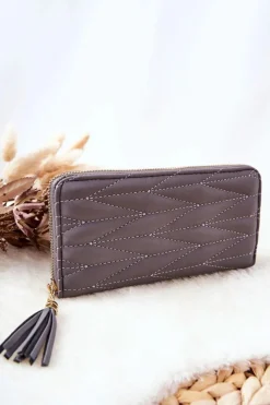 Portfele>Boto Duży Portfel Pikowany Na Suwak Z Paseczkiem Szary