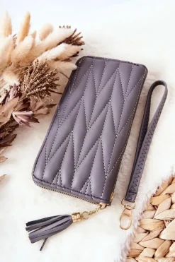 Portfele>Boto Duży Portfel Pikowany Na Suwak Z Paseczkiem Szary