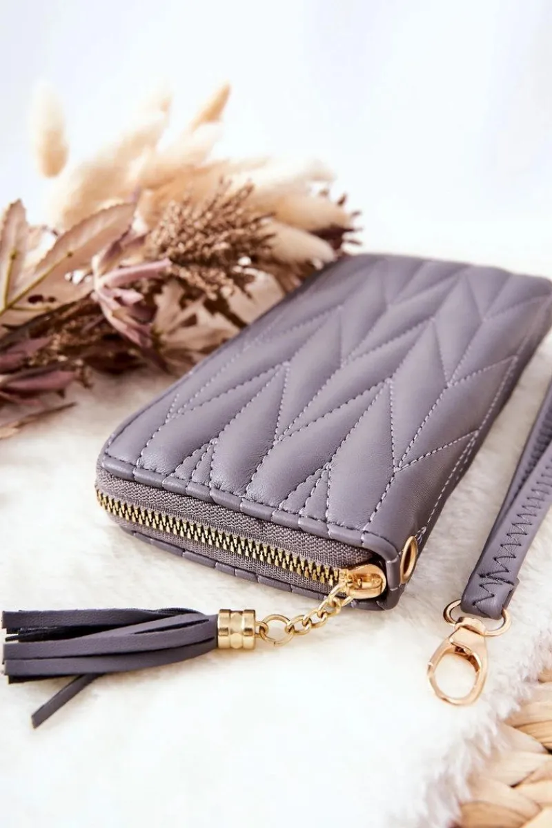 Portfele>Boto Duży Portfel Pikowany Na Suwak Z Paseczkiem Szary