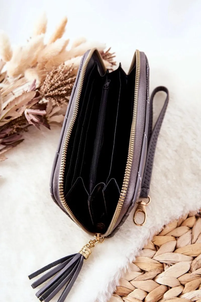 Portfele>Boto Duży Portfel Pikowany Na Suwak Z Paseczkiem Szary