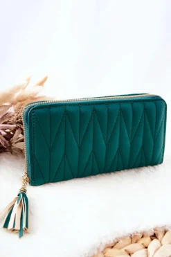 Portfele>Boto Duży Portfel Pikowany Na Suwak Z Paseczkiem Zielony