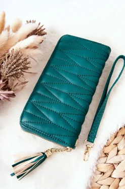 Portfele>Boto Duży Portfel Pikowany Na Suwak Z Paseczkiem Zielony