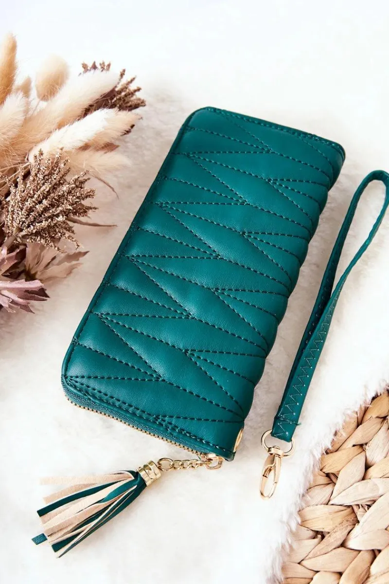 Portfele>Boto Duży Portfel Pikowany Na Suwak Z Paseczkiem Zielony