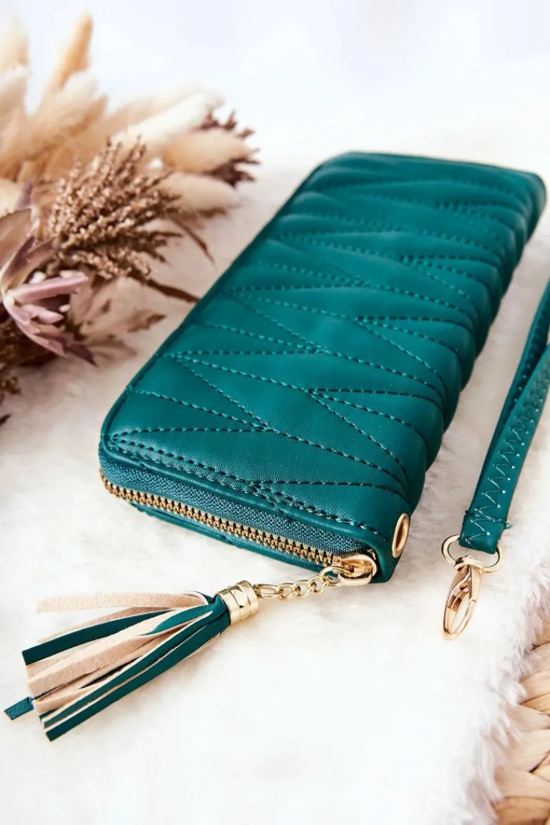 Portfele>Boto Duży Portfel Pikowany Na Suwak Z Paseczkiem Zielony