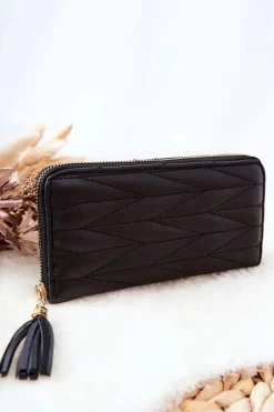 Online Duży Portfel Pikowany Na Suwak Z Paseczkiem Czarny Portfele