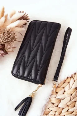 Online Duży Portfel Pikowany Na Suwak Z Paseczkiem Czarny Portfele