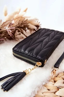 Online Duży Portfel Pikowany Na Suwak Z Paseczkiem Czarny Portfele
