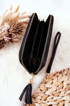 Online Duży Portfel Pikowany Na Suwak Z Paseczkiem Czarny Portfele