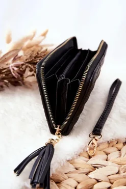 Online Duży Portfel Pikowany Na Suwak Z Paseczkiem Czarny Portfele
