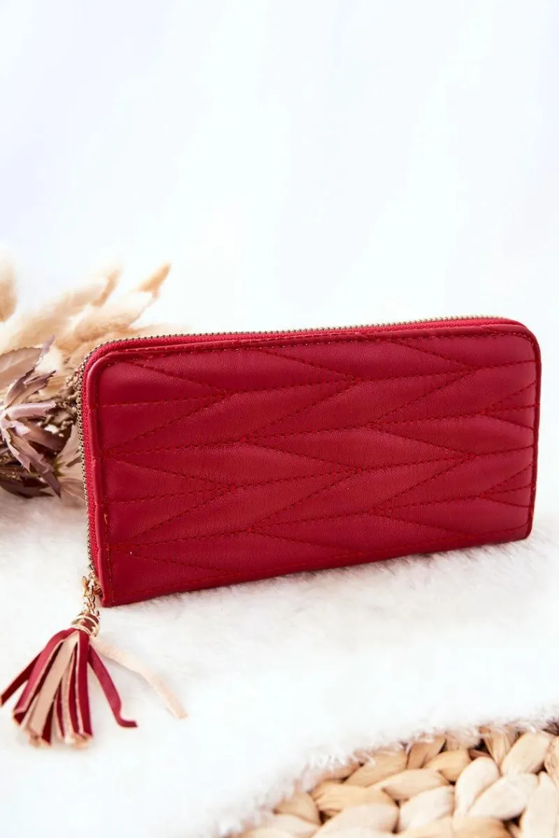 Clearance Duży Portfel Pikowany Na Suwak Z Paseczkiem Czerwony Portfele