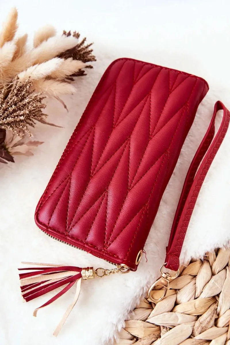 Clearance Duży Portfel Pikowany Na Suwak Z Paseczkiem Czerwony Portfele