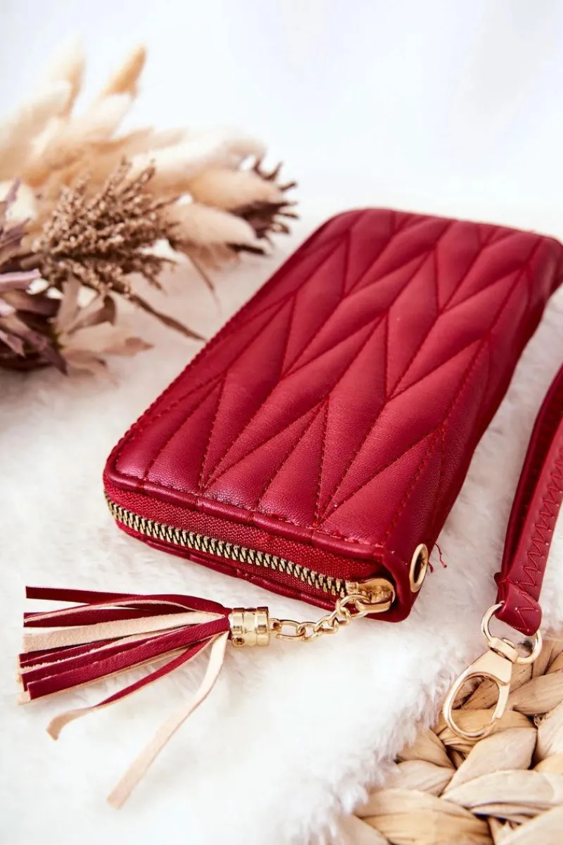 Clearance Duży Portfel Pikowany Na Suwak Z Paseczkiem Czerwony Portfele