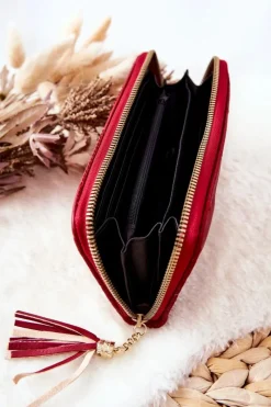 Clearance Duży Portfel Pikowany Na Suwak Z Paseczkiem Czerwony Portfele