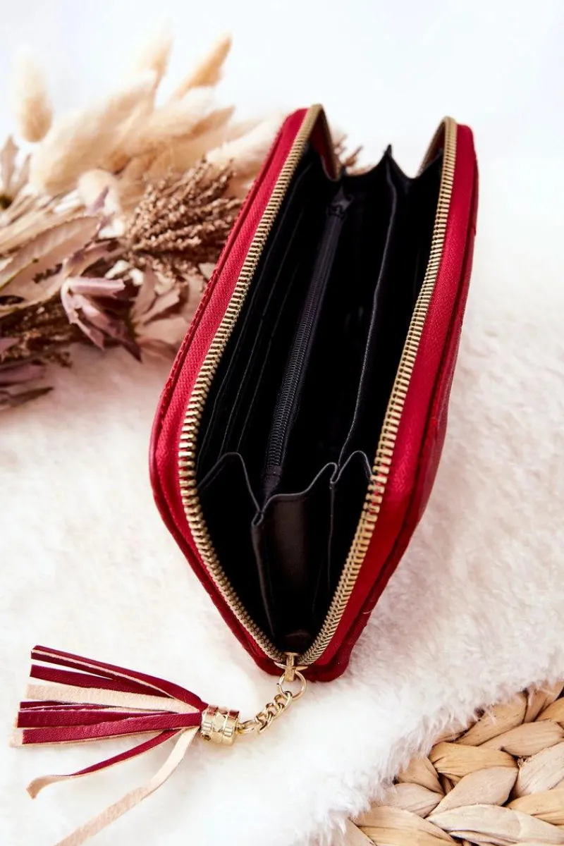 Clearance Duży Portfel Pikowany Na Suwak Z Paseczkiem Czerwony Portfele