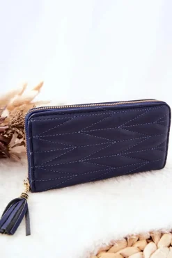 New Boto Duży Portfel Pikowany Na Suwak Z Paseczkiem Granatowy