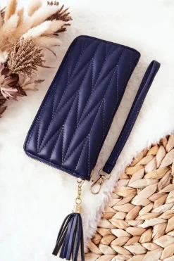 New Boto Duży Portfel Pikowany Na Suwak Z Paseczkiem Granatowy