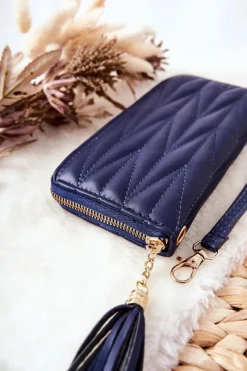 New Boto Duży Portfel Pikowany Na Suwak Z Paseczkiem Granatowy