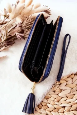 New Boto Duży Portfel Pikowany Na Suwak Z Paseczkiem Granatowy