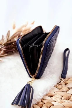 New Boto Duży Portfel Pikowany Na Suwak Z Paseczkiem Granatowy