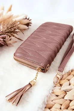 Boto Duży Portfel Pikowany Na Suwak Z Paseczkiem Cappucino