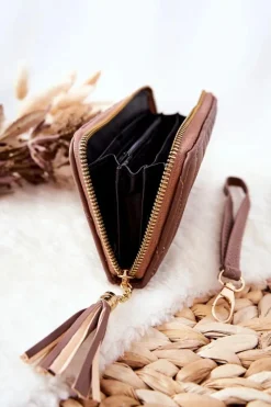 Boto Duży Portfel Pikowany Na Suwak Z Paseczkiem Cappucino