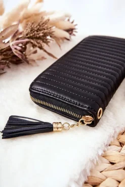 Sale Duży Portfel Pikowany Z Paseczkiem Czarny Portfele
