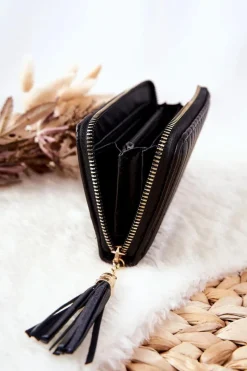 Sale Duży Portfel Pikowany Z Paseczkiem Czarny Portfele