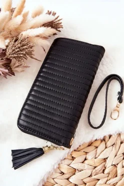Sale Duży Portfel Pikowany Z Paseczkiem Czarny Portfele