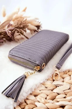 Discount Duży Portfel Pikowany Z Paseczkiem Szary Portfele