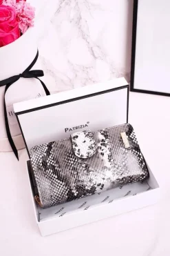Clearance Duży Skórzany Portfel Damski PATRIZIA Lakierowany Szary Portfele