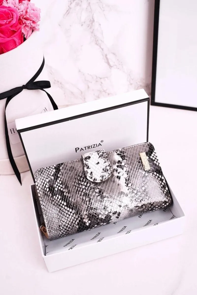 Clearance Duży Skórzany Portfel Damski PATRIZIA Lakierowany Szary Portfele