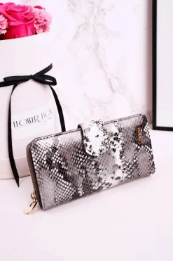 Clearance Duży Skórzany Portfel Damski PATRIZIA Lakierowany Szary Portfele