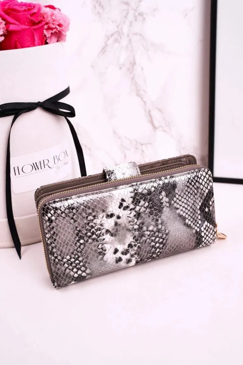 Clearance Duży Skórzany Portfel Damski PATRIZIA Lakierowany Szary Portfele