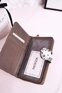 Clearance Duży Skórzany Portfel Damski PATRIZIA Lakierowany Szary Portfele