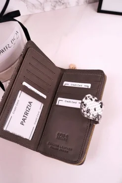 Clearance Duży Skórzany Portfel Damski PATRIZIA Lakierowany Szary Portfele