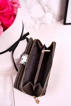 Clearance Duży Skórzany Portfel Damski PATRIZIA Lakierowany Szary Portfele