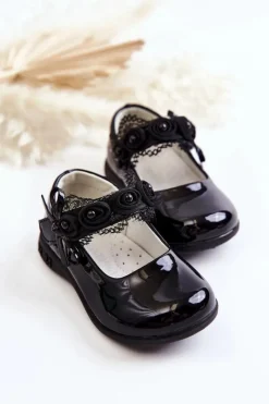 Balerinki Dziecięce>Boto Dziecięce Balerinki Na Rzepy Z Koronką Czarne Evelyn