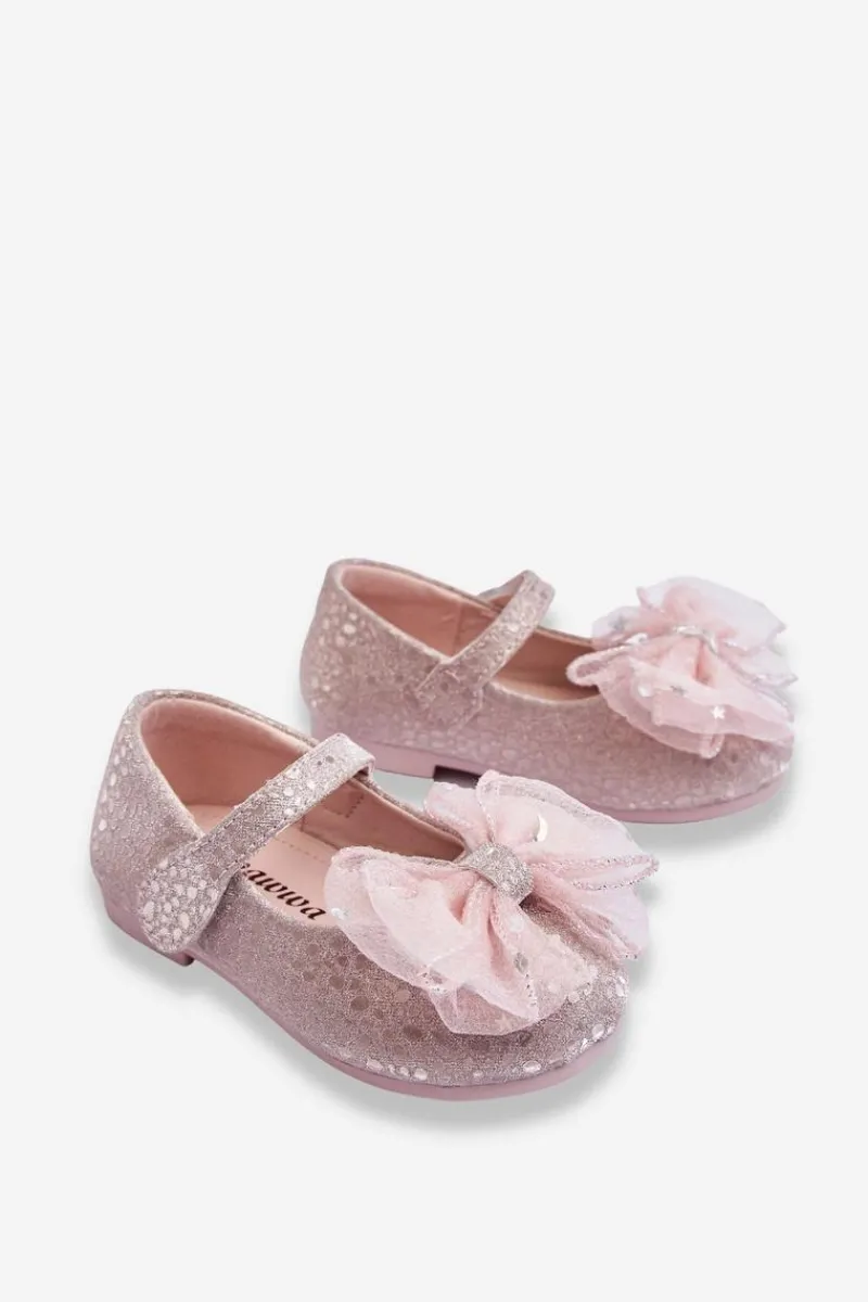 Balerinki Dziecięce>Boto Dziecięce Balerinki Z Kokardą I Brokatem Na Rzep Srebrno-Różowe Elisa