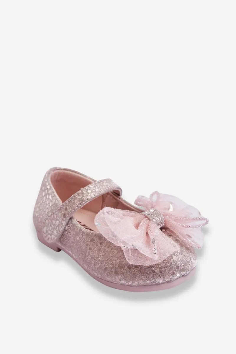 Balerinki Dziecięce>Boto Dziecięce Balerinki Z Kokardą I Brokatem Na Rzep Srebrno-Różowe Elisa