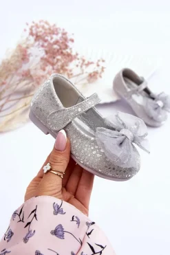 Best Dziecięce Balerinki Z Kokardą I Brokatem Na Rzep Srebrno-Szare Elisa Dzieci Balerinki Dziecięce