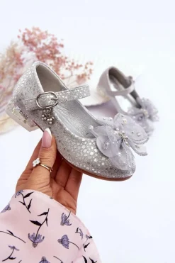 Balerinki Dziecięce>Boto Dziecięce Balerinki Z Kokardą Na Rzep Srebrno-Szare Nicola