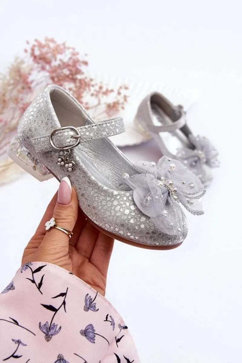 Balerinki Dziecięce>Boto Dziecięce Balerinki Z Kokardą Na Rzep Srebrno-Szare Nicola