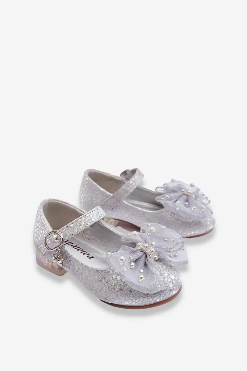 Balerinki Dziecięce>Boto Dziecięce Balerinki Z Kokardą Na Rzep Srebrno-Szare Nicola